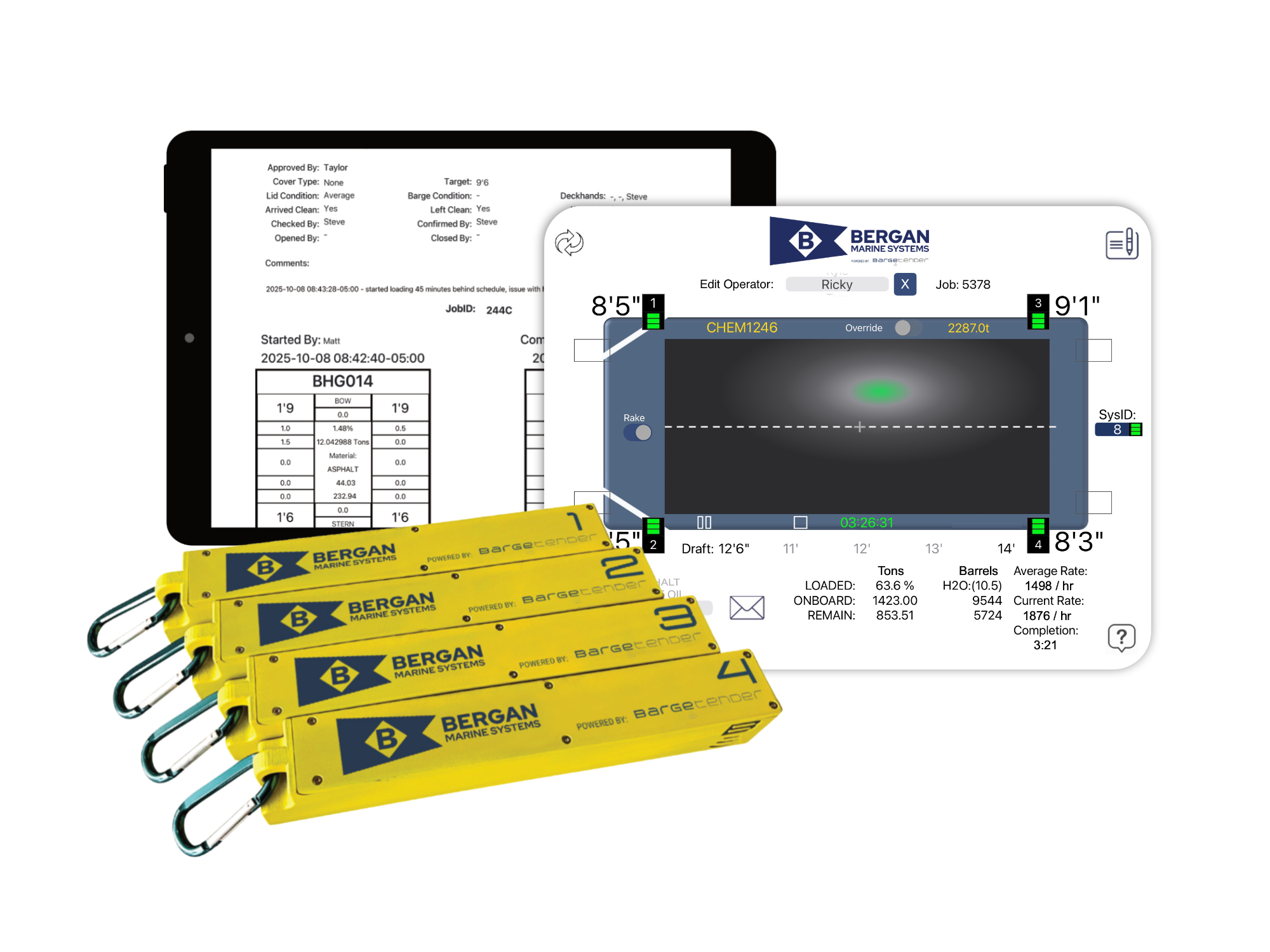 A photo of sensors and two dashboards that are a part of our SmartBarge Loading System.